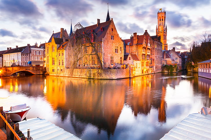 concrete house beside body of water with bridge, brugge, brugge, Brugge, dusk, concrete, house, body of water, bridge, Canon EOS 5D Mark III, Europe, architecture, belgie, belgique, belgium, benelux, bruge, bruges, cite, city, famous Place, reflection, river, town, cityscape, night, water, history, canal, urban Scene, motlawa River, flanders, nautical Vessel, tourism, outdoors, gdansk, travel, old, HD wallpaper