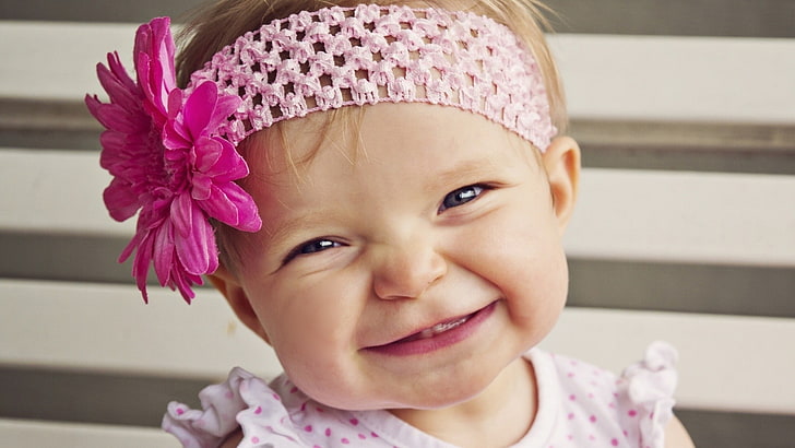 子供、笑顔、カチューシャ、赤ちゃん、ピンクの花、 HDデスクトップの壁紙