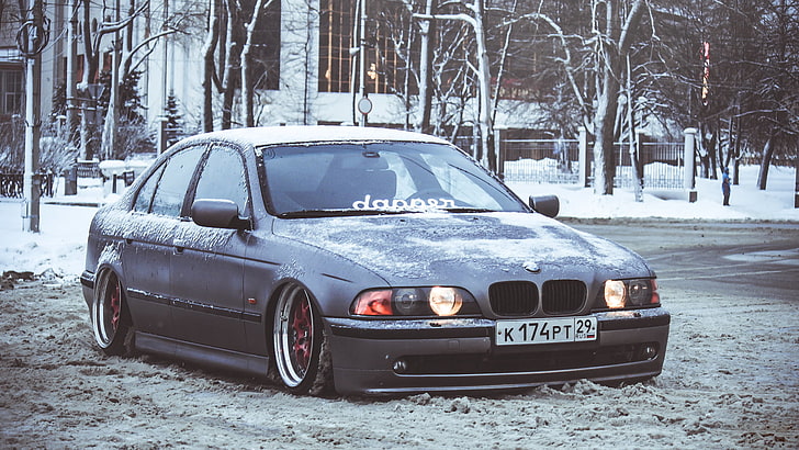 szary sedan BMW E39, zima, śnieg, BMW, światła, E39, postawa, przód, Tapety HD