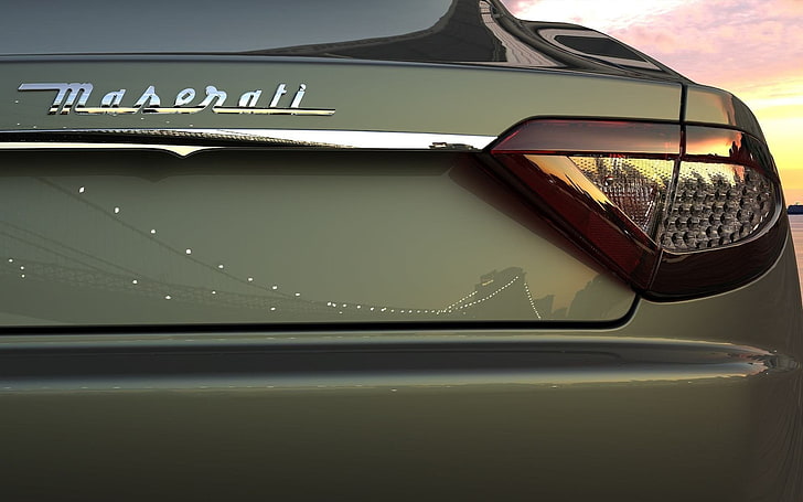 Maserati, voiture, vue arrière, réflexion, pont, coucher de soleil, Fond d'écran HD