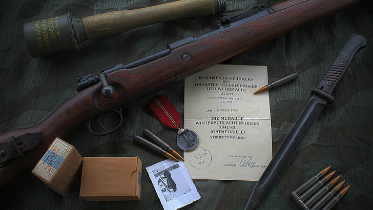 Bolt action rifle, Grenades, gun, knife, Mauser, Mauser Kar98k, World War II, HD wallpaper
