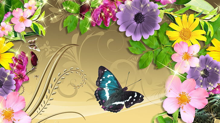 Color Summer On Gold, firefox persona, scroll, bright, butterfly, flowers, spring, gold, shine, summer, 3d and abstract, Sfondo HD