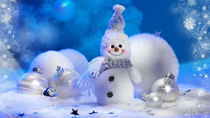 manusia salju, musim dingin, salju, bola natal, natal, dekorasi natal, Wallpaper HD