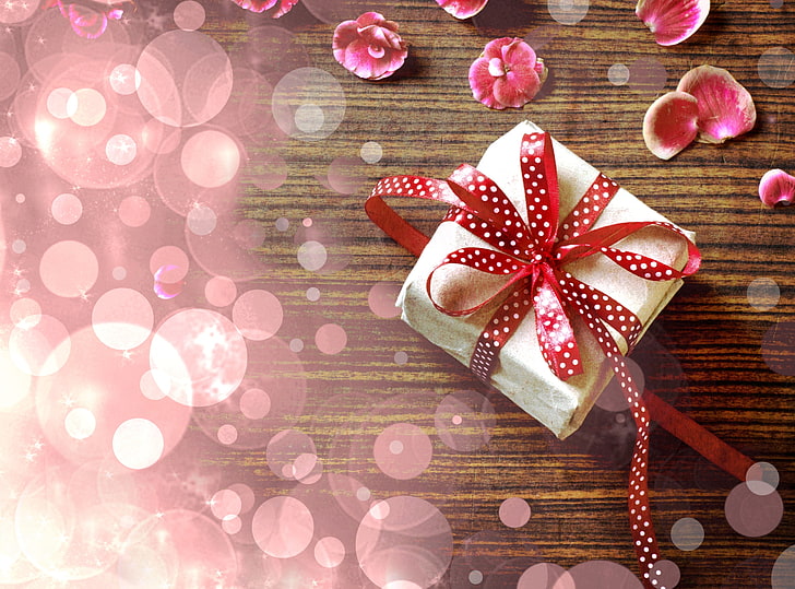 brown and red gift box, flowers, table, gift, petals, tape, pink, vintage, bokeh, HD wallpaper