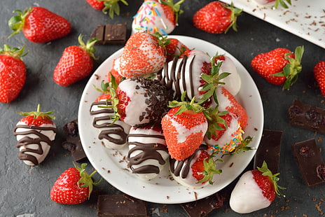 jagody, deserowe, czekoladowe, słodkie, truskawkowe, truskawki w czekoladzie, Tapety HD HD wallpaper