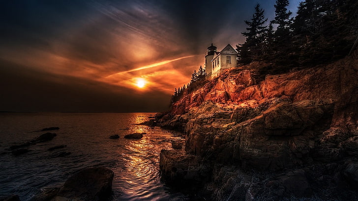 white lighthouse beside cliff, nature, landscape, sunset, sea, coast, lighthouse, sky, Halo, HDR, trees, rock, Maine, HD wallpaper
