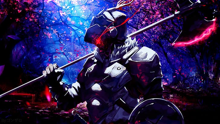 Goblin Slayer, Axt, rote Augen, Rüstung, Schildheld, Rot (Charakter), Sakura-Blüte, rosa Blätter, Blood Lad, HD-Hintergrundbild