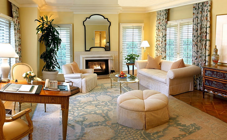 pouf rond beige et deux canapés, salle, salon, meubles, cheminée, confortable, salle lumineuse, intérieur, Fond d'écran HD