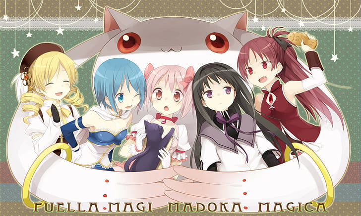 Mahou Shoujo Madoka Magica, Kyuubey, Miki Sayaka, Tomoe Mami, Kaname Madoka, Akemi Homura, Sakura Kyoko, Anime-Mädchen, Anime, HD-Hintergrundbild