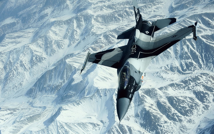 gray and black fighter jet, BACKGROUND, MOUNTAINS, FLIGHT, COLORS, FIGHTER, HD wallpaper