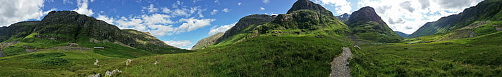 panoramafotografering av gröna berg, Glen Coe, Glen Coe, Glen Coe, panoramabild, panoramafotografering, gröna berg, Higlands Skottland, berg, natur, landskap, natur, utomhus, sommar, bergstopp, panorama, bergskedja, resa, vandring , grön Färg, gräs, HD tapet