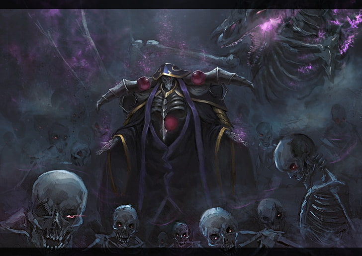 скелет цифровые обои, Ainz Ooal Gown, Overlord (аниме), красные глаза, череп, скелет, HD обои