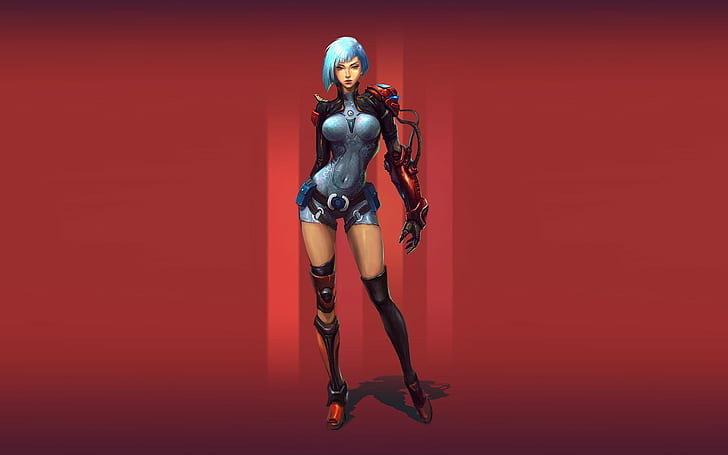Red, robot, background, robot, cyborg, Girl, red, HD wallpaper