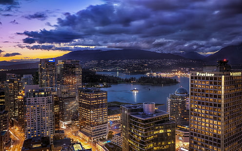 Vancouver City Skyline, luzes da noite, construção, cidade moderna, arquitetura moderna, HD papel de parede HD wallpaper