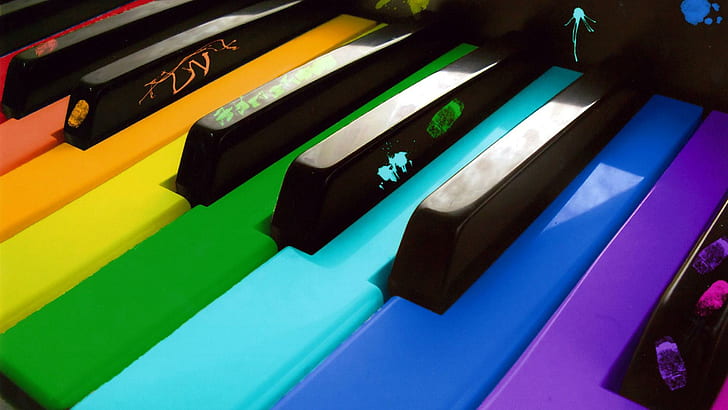 Multicolor Piano HD, blue, fingerprints, green, keys, multicolor, orange, paint, piano, purple, yellow, HD wallpaper