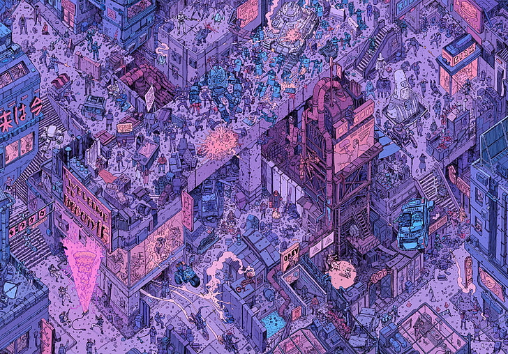 artwork of city, artwork, drawing, isometric, RoboCop, ed-209, Judge Dredd, Ghostbusters, Blade Runner, HD wallpaper