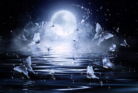 Künstlerisch, Schmetterling, Mond, Mondschein, HD-Hintergrundbild HD wallpaper