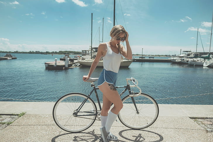 Casy Lynn, women, blonde, women with bicycles, sportswear, high waist shorts, sunglasses, ponytail, women outdoors, tattoo, white stockings, sneakers, brunette, sea, boat, chains, HD wallpaper