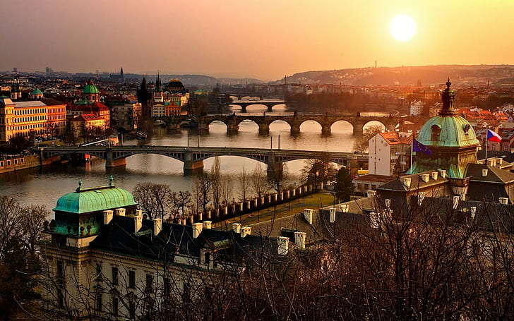 Прага, Чехия, град, градски пейзаж, река, мост, сграда, залез, HD тапет