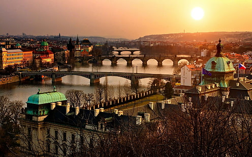 Prag, Tjeckien, stad, stadsbild, flod, bro, byggnad, solnedgång, HD tapet HD wallpaper