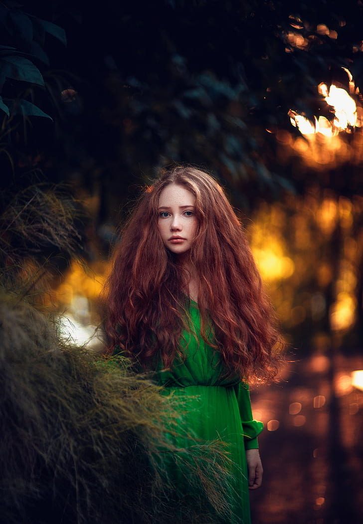 Hakan Erenler, women, long hair, green dress, dress, nature, fantasy girl, sunlight, HD wallpaper