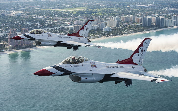 Полет на изтребител Thunderbird F-16 в небето, Thunderbird, Fighter, Flight, Sky, HD тапет
