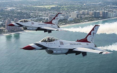 Thunderbird F-16 stridsflyg i himlen, Thunderbird, Fighter, Flight, Sky, HD tapet HD wallpaper