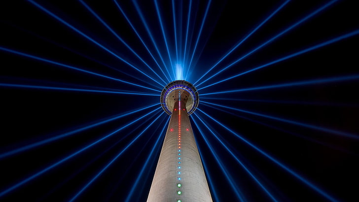 blå, turistattraktion, ljus, tv-torn, himmel, belysning, symmetri, mörker, linje, natt, Düsseldorf, Tyskland, HD tapet