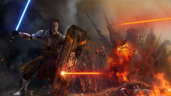 Междузвездни войни, битка, експлозия, светлинен меч, Оби-Уан Кеноби, щит, HD тапет HD wallpaper