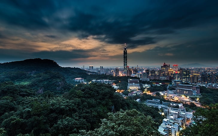 China Taiwán, ciudad de Taipei al anochecer, edificios, luces, China, Taiwán, Taipei, ciudad, noche, anochecer, edificios, luces, Fondo de pantalla HD