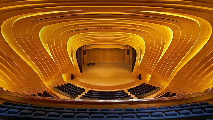 concrete stadium, symmetry, interior, modern, concert hall, Baku, Azerbaijan, chair, podiums, stages, lights, piano, wooden surface, yellow, warm colors, HD wallpaper