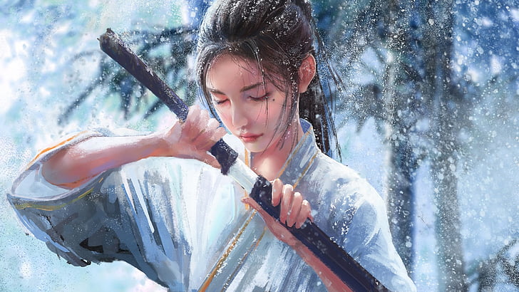 japanska kvinnor, illustration, svärd, flicka, kvinna, snö, katana, konstverk, kimono, hästsvans, HD tapet