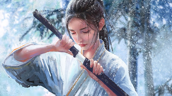 donne giapponesi, illustrazione, spada, ragazza, donna, neve, katana, opera d'arte, kimono, coda di cavallo, Sfondo HD HD wallpaper