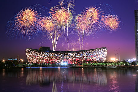 Fuochi d'artificio, stadio nazionale della Cina, Pechino, nido degli uccelli, 4K, Sfondo HD HD wallpaper