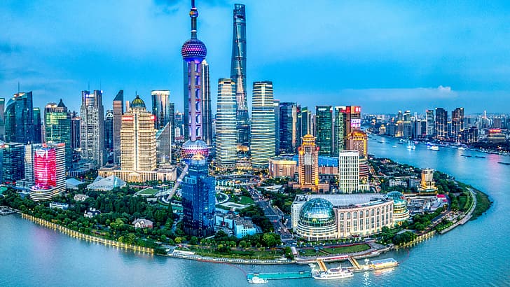 도시 풍경, 4K, 건물, 마천루, 타워, 물, 상하이, 중국, HD 배경 화면