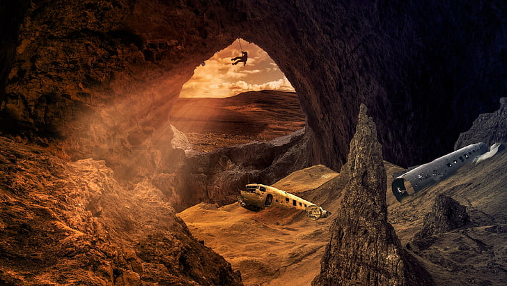 abandoned, climber, mountain climber, old, mystery, air force, aviation, lost, historical, flying, historic, explore, military, cockpit, cave, flight, aircraft, plane, boneyard, landscape, sand, rock, rescue, catastrophe, disaster, wreck, airplane, HD wallpaper
