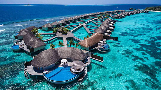 Maldive Asia Isole private Bungalow Water Resorts In Asia del Sud Oceano Indiano Wallpaper HD 1920 × 1080, Sfondo HD HD wallpaper