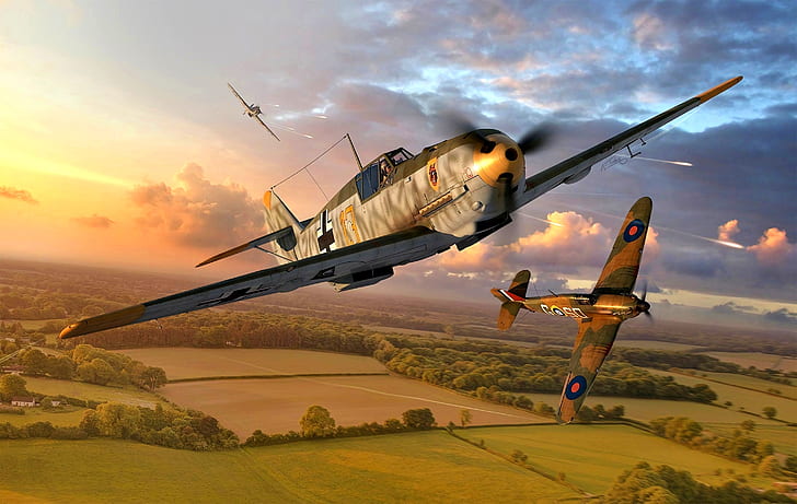 メッサーシュミット、Bf-109、1940、第二次世界大戦、ホーカーハリケーンMk.I、Bf.109E-4、9 / JG54、 HDデスクトップの壁紙