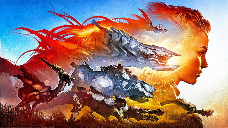 illustration de dinosaures mécaniques, Horizon: Zero Dawn, Aloy (Horizon: Zero Dawn), filigrane, DeviantArt, Fond d'écran HD