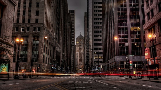 City Street In Long Exposure Hdr, high raise building and lights of car time lapse, light, city, skyscrapers, long exposure, street, nature and landscapes, HD wallpaper HD wallpaper