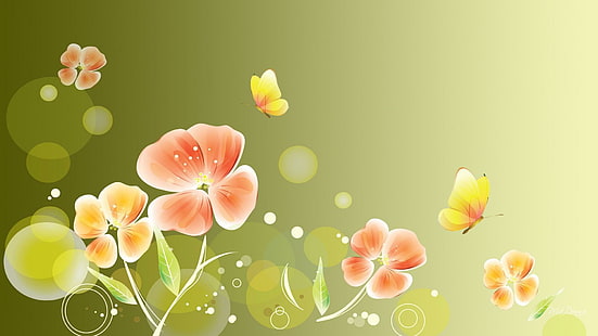 Wasserfarbe Frühling, gelbe und orange Blüten, Frühling, Farbe, Sommer, Grün, Schmetterlinge, Bokeh, Aquarell, Blumen, Natur und Landschaften, HD-Hintergrundbild HD wallpaper