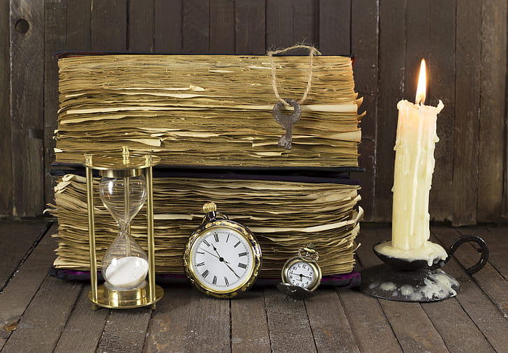 стар, часовник, свещ, ключ, книга, пясъчен часовник, HD тапет