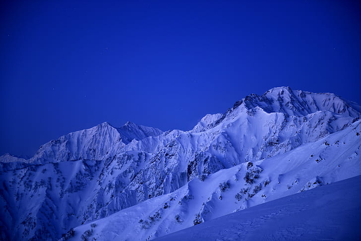 snöiga bergskedjor foto, tystnad, snöiga berg, kedjor, foto, japan, 白馬, 八方, natt, klar, snö, berg, vinter, natur, blå, bergstopp, landskap, utomhus, natur, europeiska Alperna, HD tapet