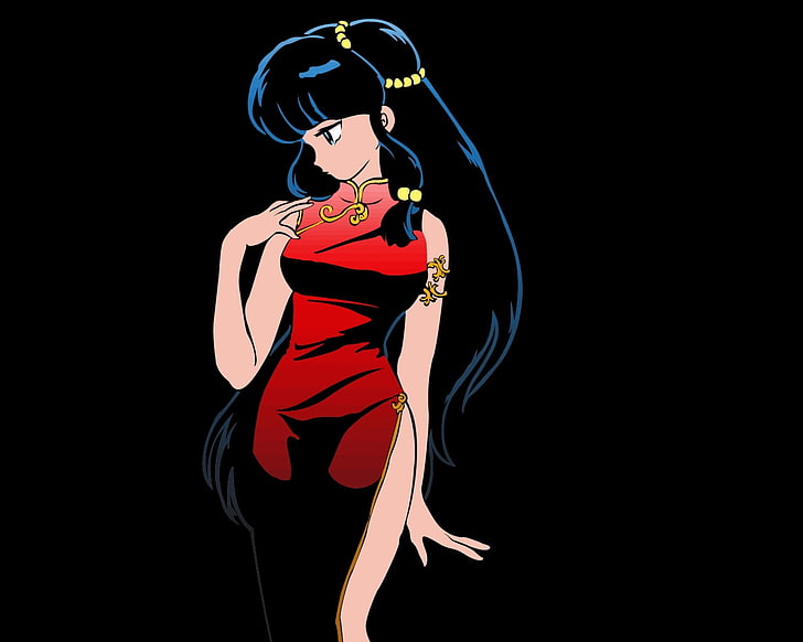black haired girl anime illustration, ranma 1, shampoo, girl, brunette, dress, posture, HD wallpaper