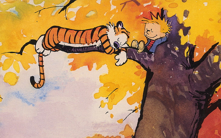 tigre couché sur arbre cartoon illustration, Calvin et Hobbes, bandes dessinées, Fond d'écran HD
