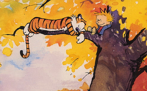 tiger lying on tree cartoon illustration, Calvin and Hobbes, comics, HD wallpaper HD wallpaper