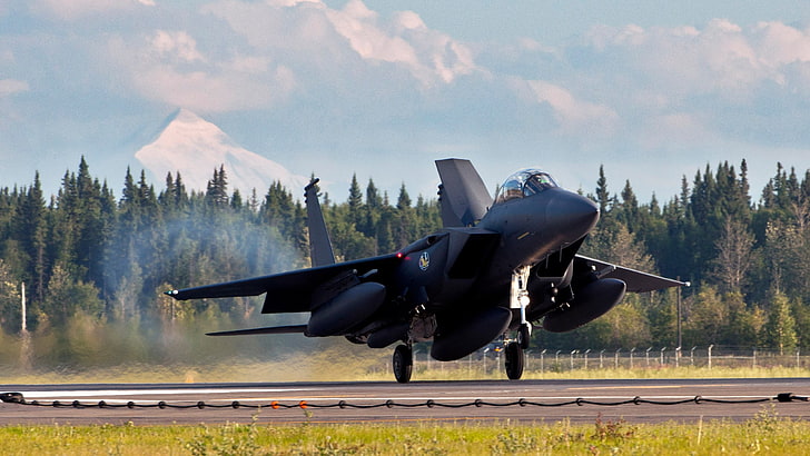 black fighter jet, f-15, strike eagle, airplane, runway, HD wallpaper