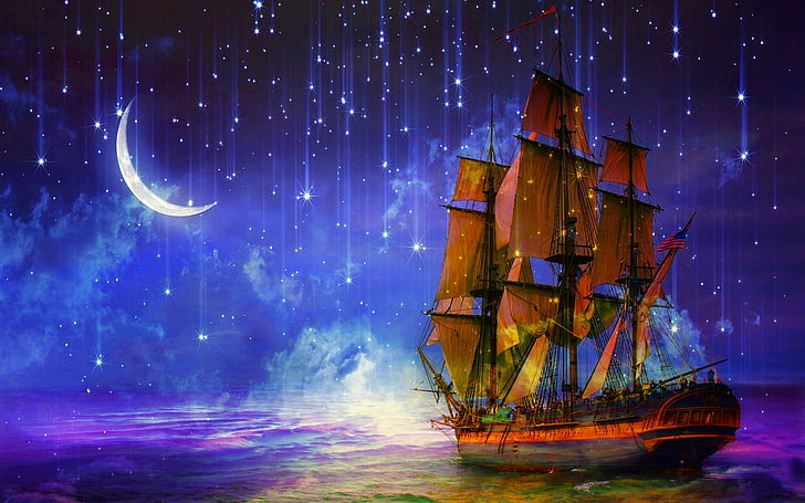 wallpaper kapal coklat galleon, laut, malam, kapal, perahu layar, bintang, seni, Crescent, Wallpaper HD