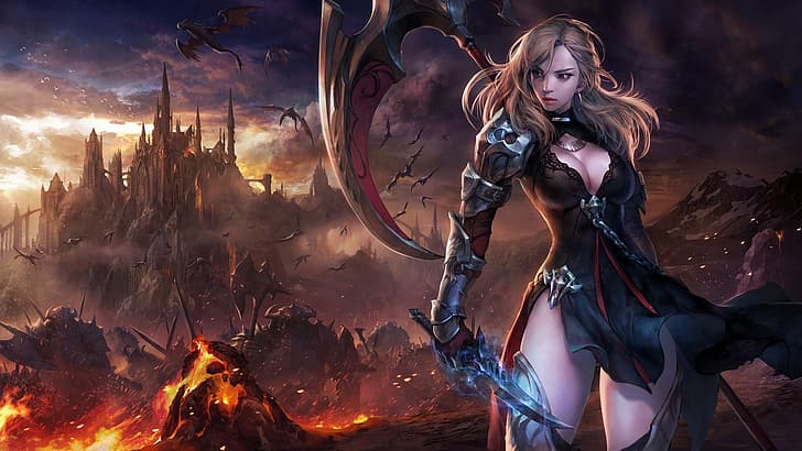 girl, weapons, castle, fire, the game, dragons, art, HIT, Heroes of Incredible Tales, Project HIT, Boo bi, HD wallpaper