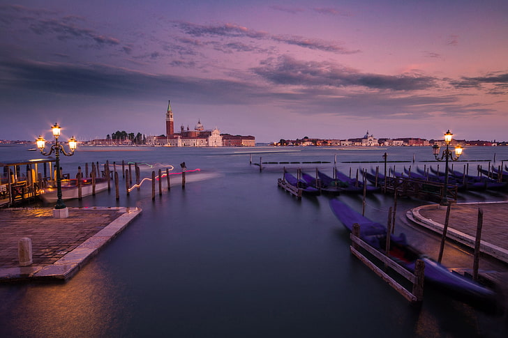 island, the evening, pier, lights, Italy, Venice, Laguna, gondola, San Giorgio Maggiore, Venetian Lagoon, HD wallpaper